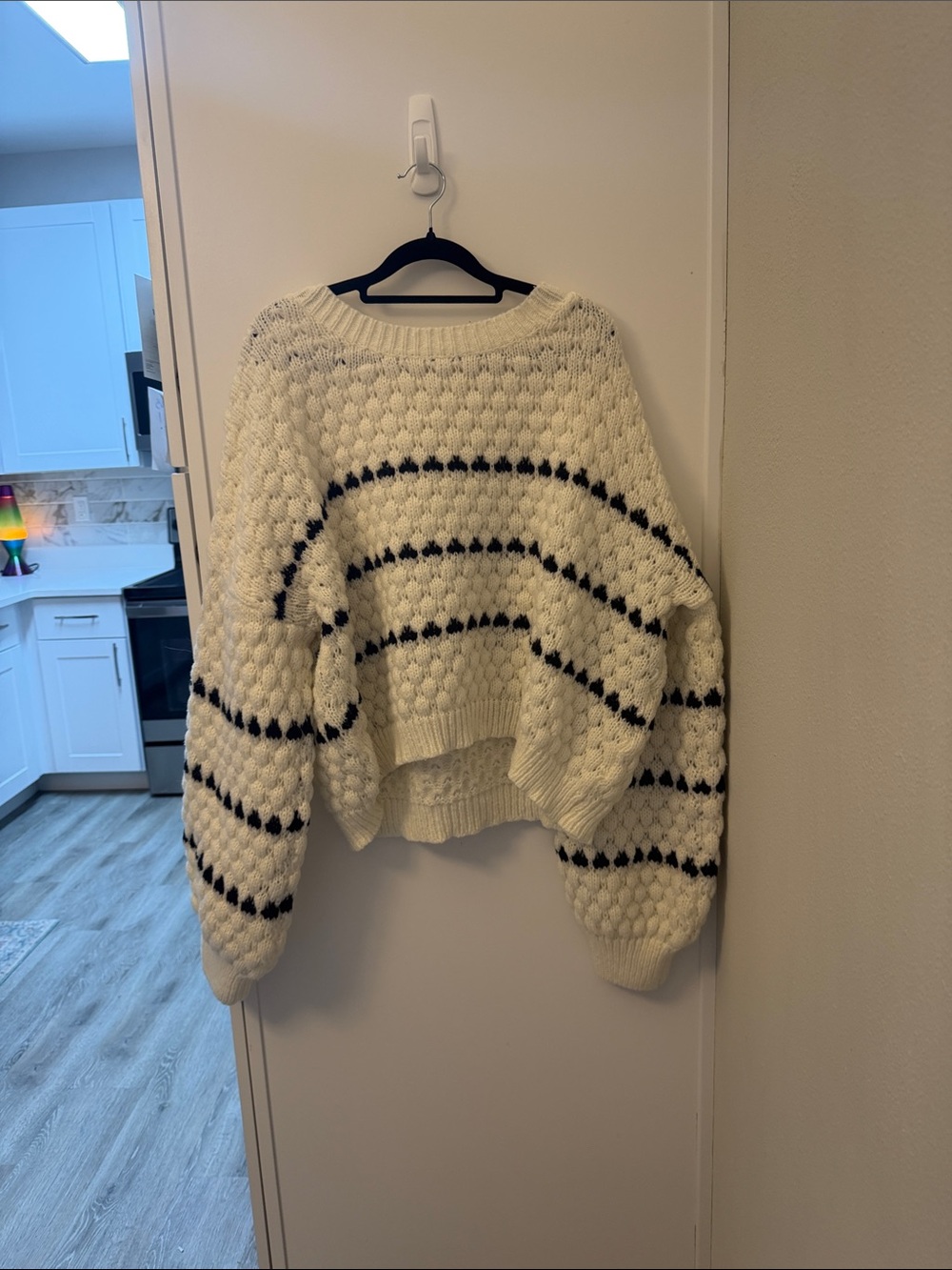 Women’s Cream Cable-Knit Sweater with Black Stripe Detail